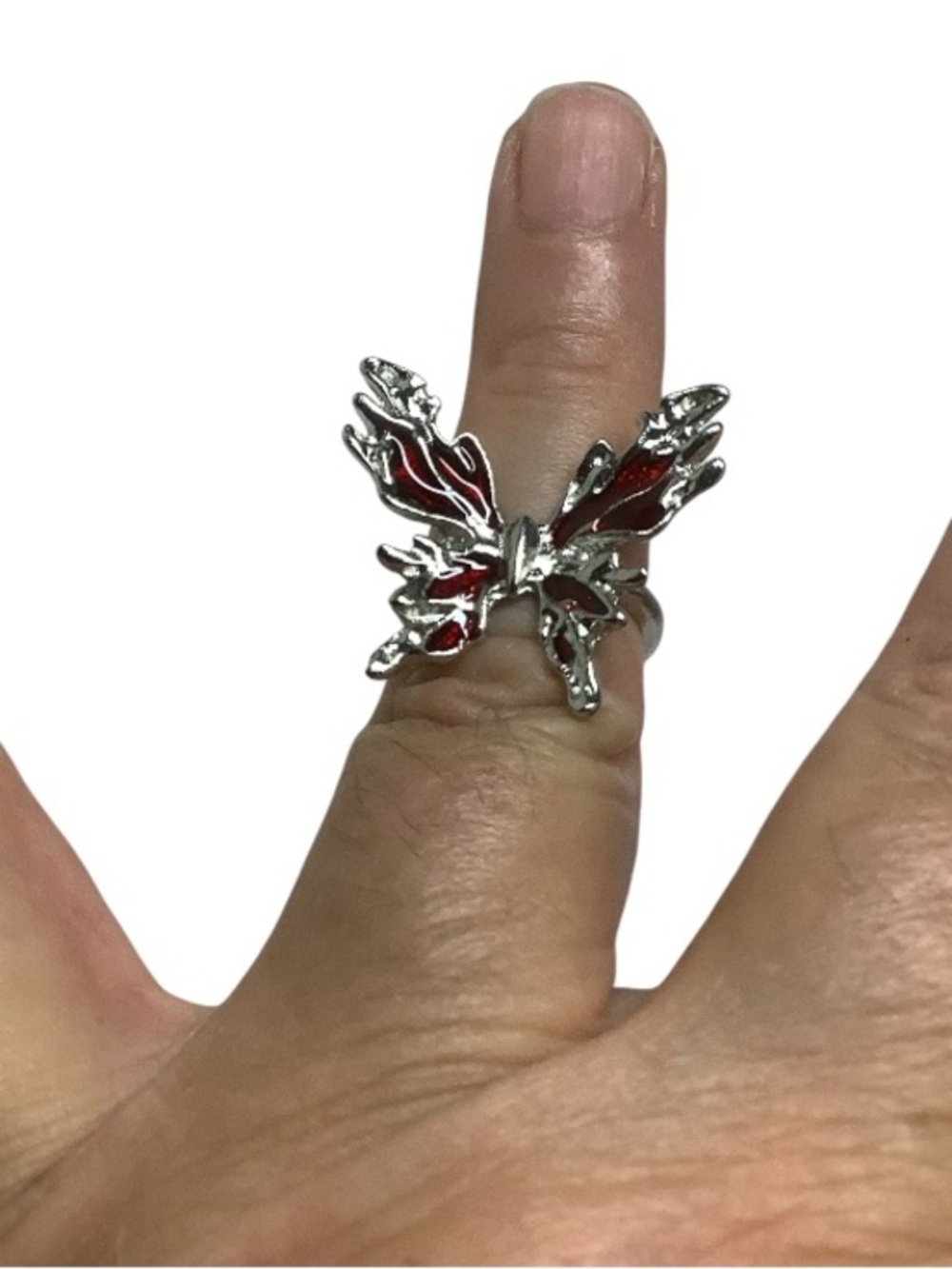 Silver tone Red Butterfly Statement Ring -